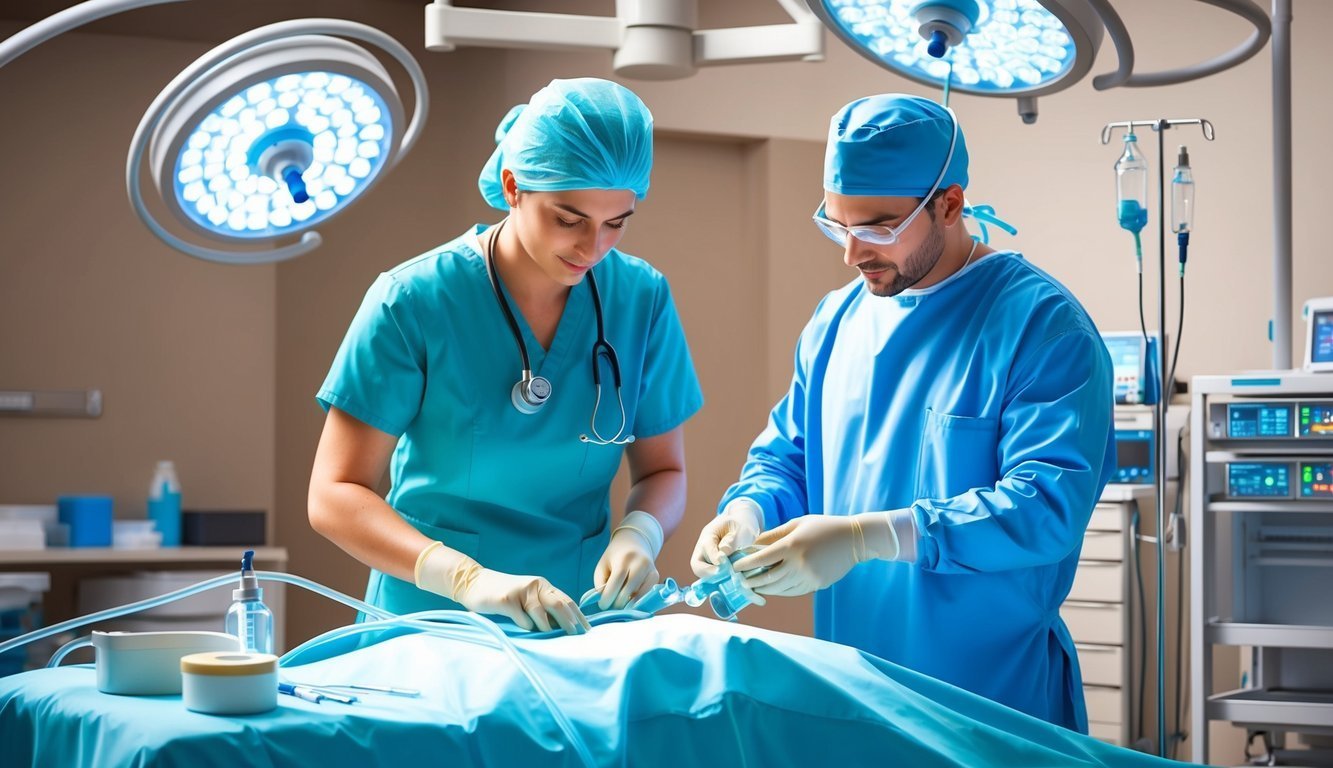 Two surgeons in scrubs prepare for surgery in an operating room