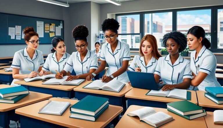 Diverse group of nursing students studying together in a classroom setting