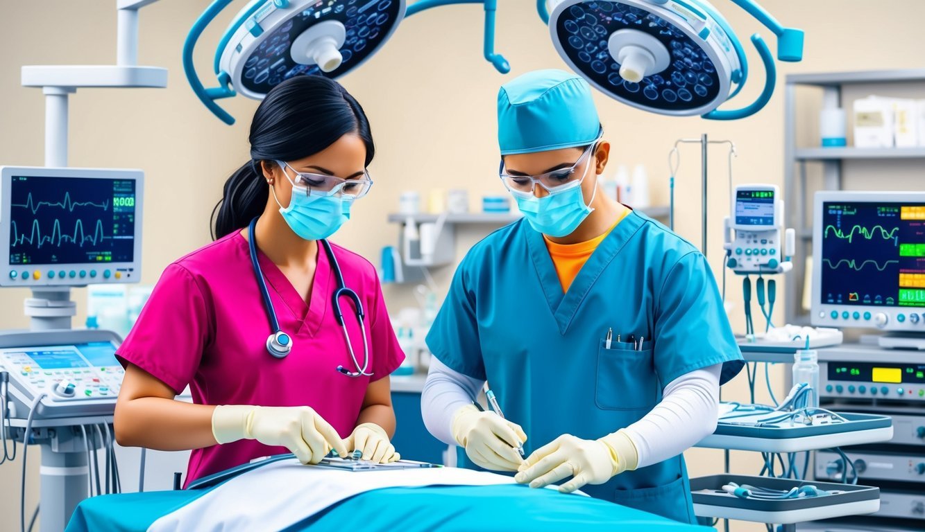 A CRNA and anesthesiologist working together in an operating room, each focused on their specific tasks with medical equipment and monitors surrounding them
