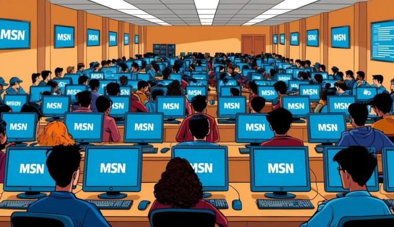 Large room filled with people at computers displaying the MSN logo