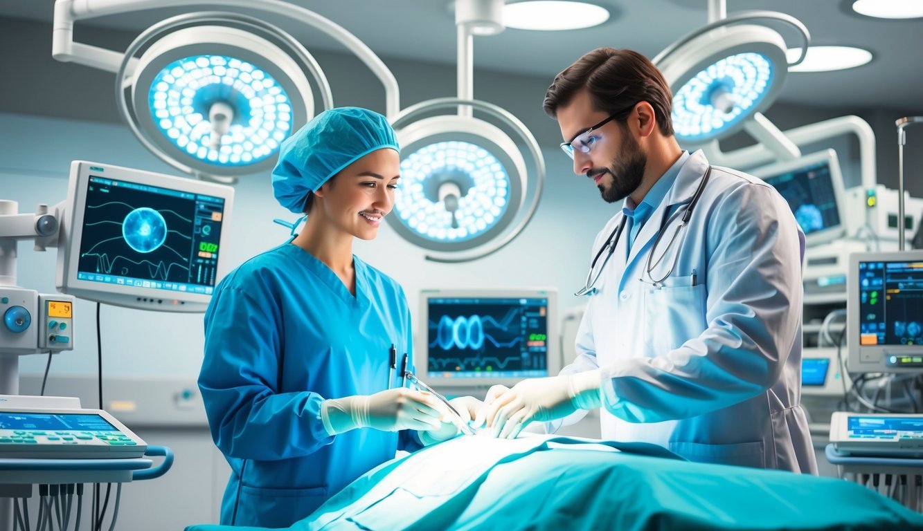A CRNA and an anesthesiologist work side by side in a modern operating room, surrounded by advanced medical equipment and monitors