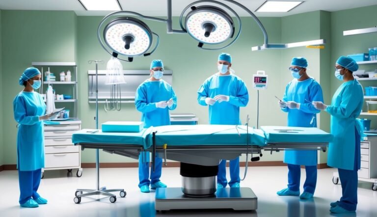 Operating room with medical staff in blue scrubs around a surgical table