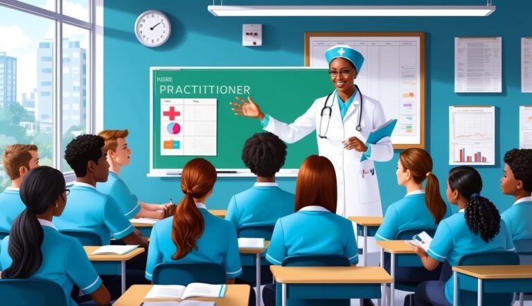 Nurse practitioner teaching a class of students in a classroom setting