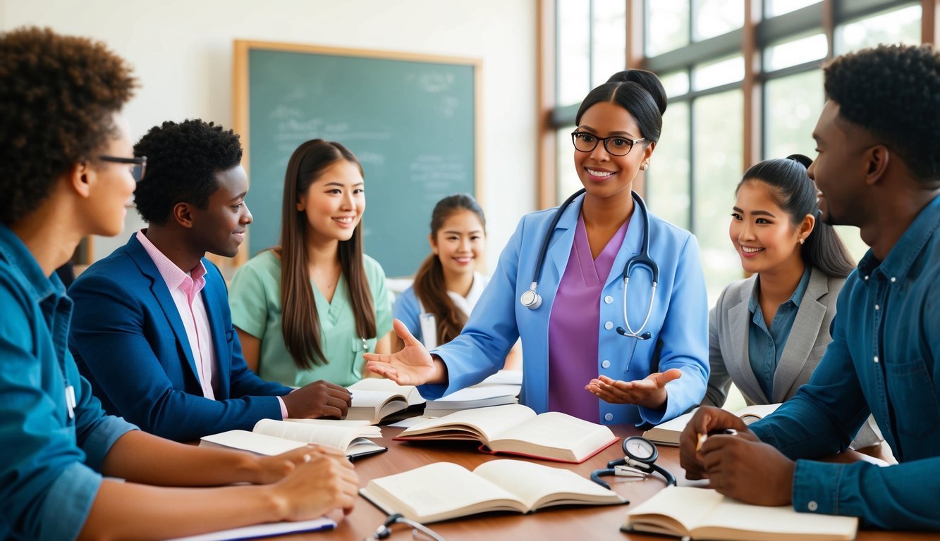 A nurse practitioner teaching at a university, surrounded by students and textbooks, with a stethoscope and medical equipment nearby