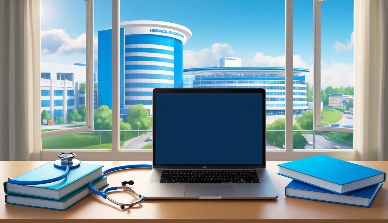 A stethoscope, medical textbooks, and a laptop on a desk in a quiet study room with a view of a bustling hospital