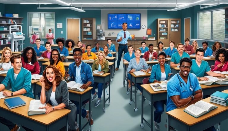 Medical students in a classroom with a teacher in front of a screen