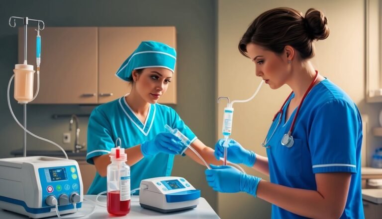 Two nurses preparing medical equipment in a hospital setting