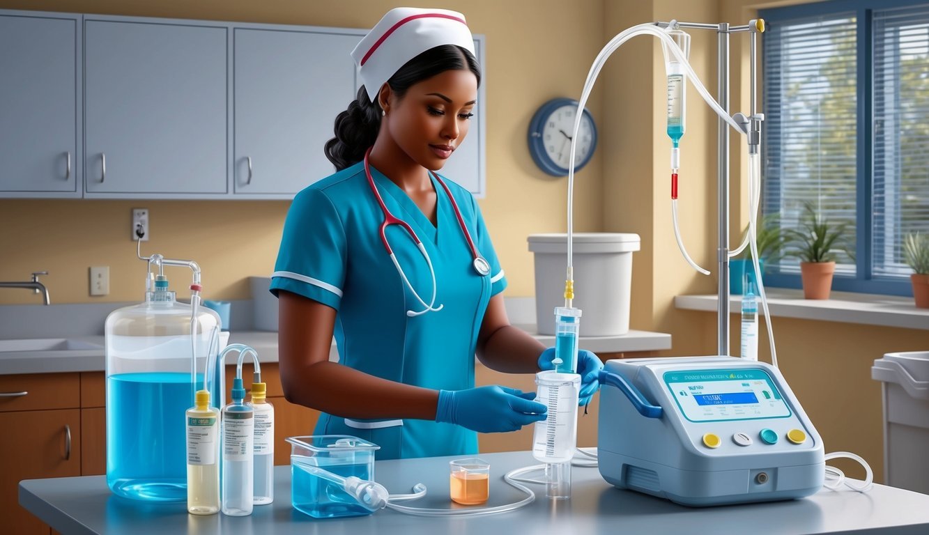 A nurse prepares IV fluids and equipment for infusion