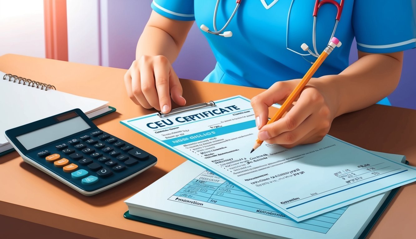 Person in scrubs writing on a CEU certificate with a pencil, calculator nearby