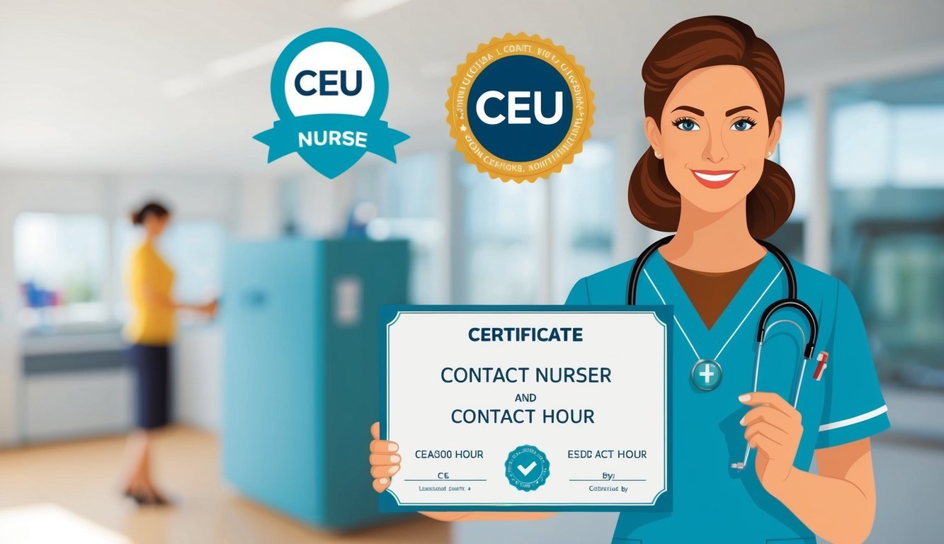 A nurse holding a certificate with CEU and contact hour symbols
