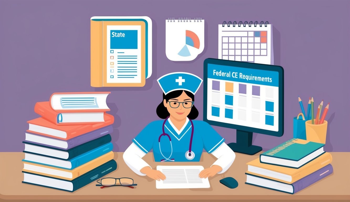 A nurse reviewing state and federal CE requirements, surrounded by books, a computer, and a calendar