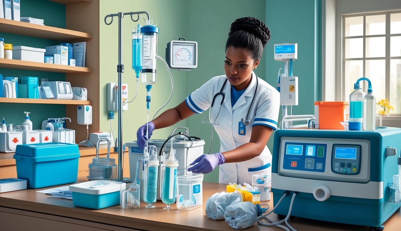 A nurse carefully prepares IV infusion equipment in a well-lit hospital room, surrounded by medical supplies and equipment