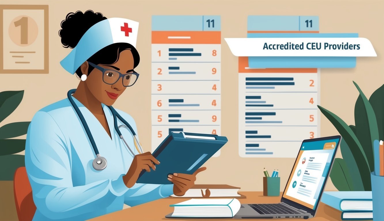 A nurse browsing through a list of accredited CEU providers, counting the number of CEUs required for RN recertification