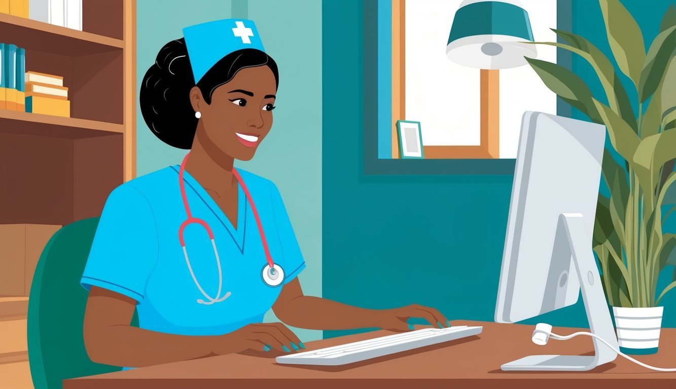 A nurse at a computer, completing an online course for CEUs