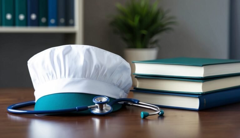 Chef's hat, stethoscope, and books on a table, representing culinary medicine
