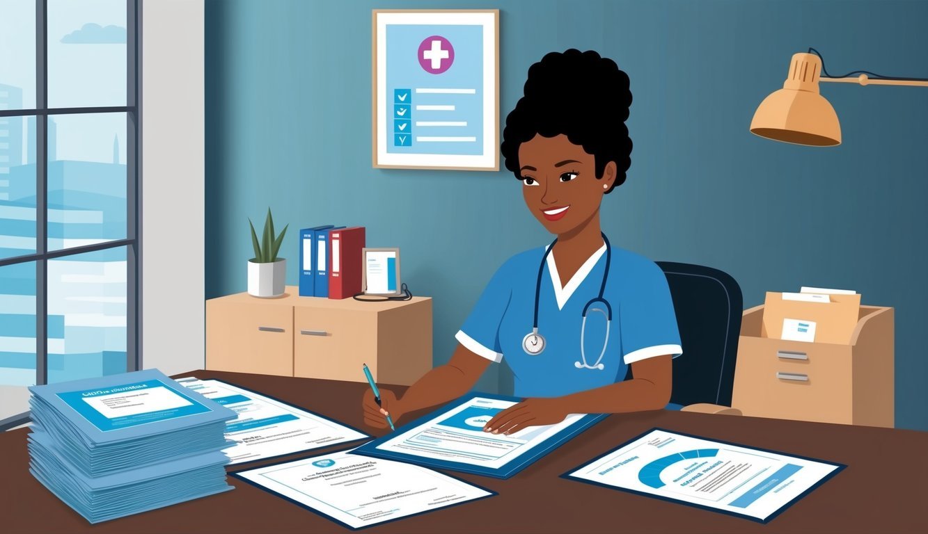 A nurse reviewing CEU certificates and regulatory documents at a desk
