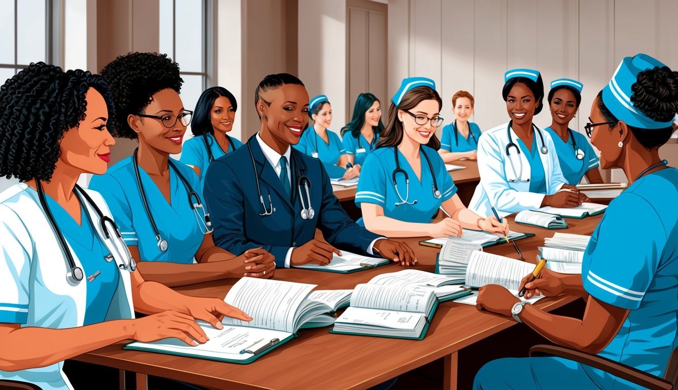 A group of nurses attending a professional development seminar, engaged in learning and discussion