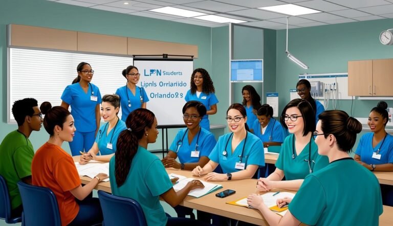 Nursing students in scrubs sitting around a table in a classroom
