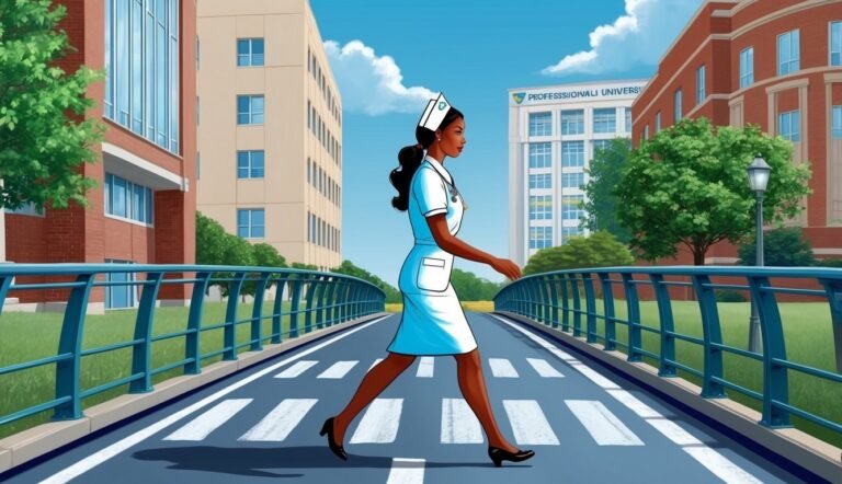 Nurse in uniform walking on a crosswalk in front of university buildings