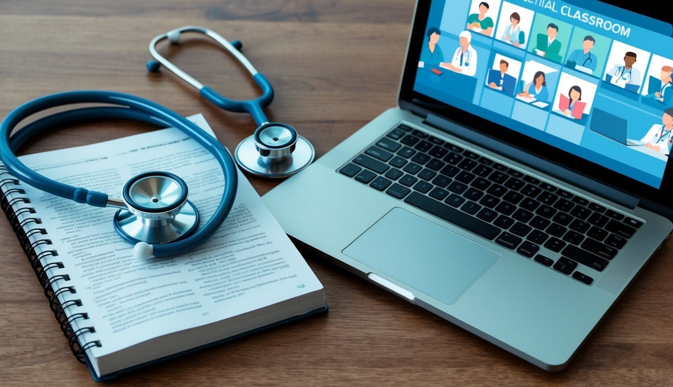 A stethoscope resting on an open medical textbook, next to a laptop displaying a virtual classroom