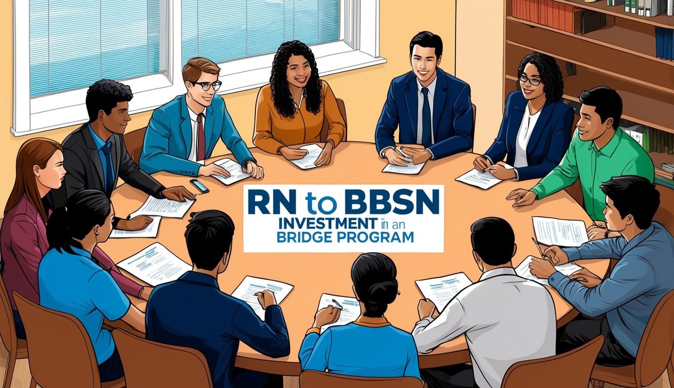 A group of students gather around a table, discussing enrollment and investment in an RN to BSN bridge program