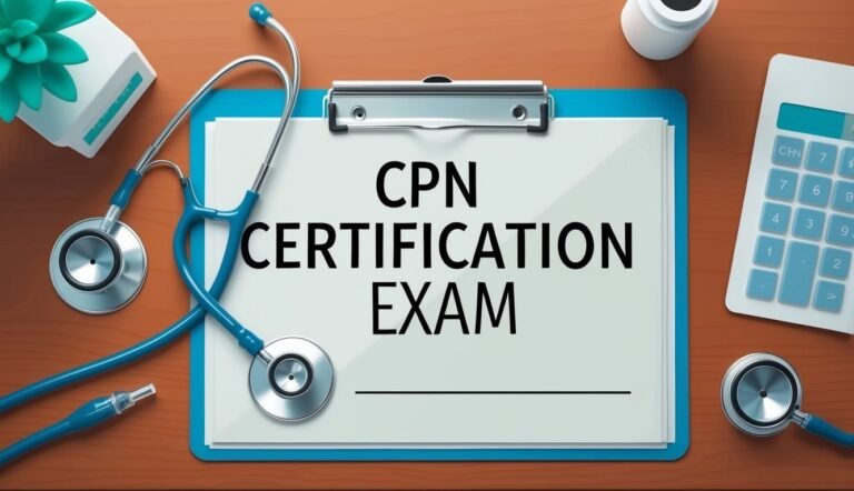 CPN Certification Exam on a clipboard with stethoscope and calculator