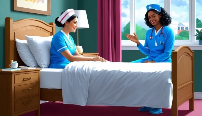 Two nurses in blue uniforms talking beside a hospital bed