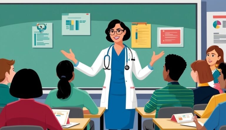 Doctor teaching a class, gesturing with open arms, with students in a classroom