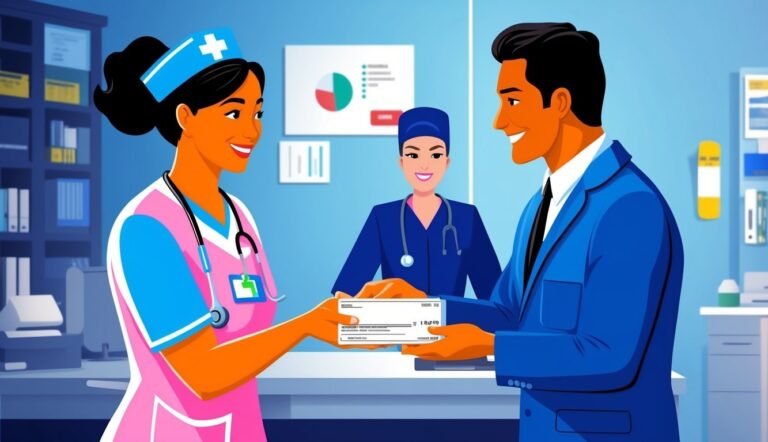 Nurse handing a check to a man in a blue suit at a clinic