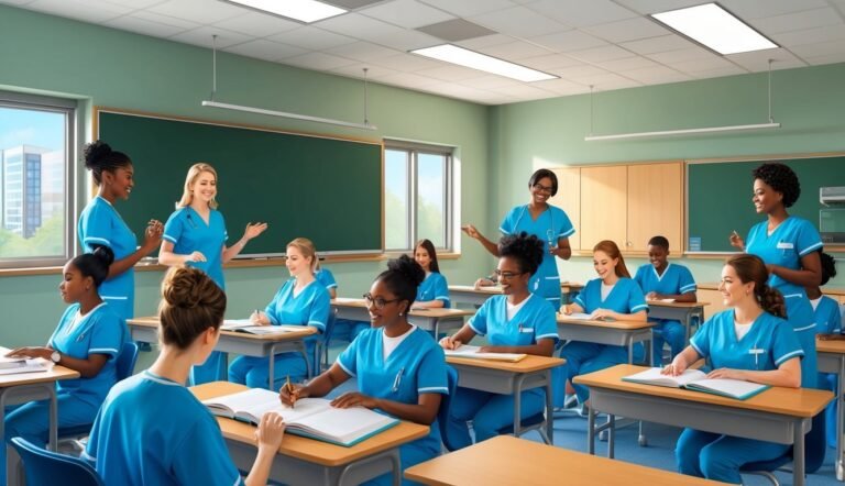 Nursing students in blue scrubs attend a class in a brightly lit classroom