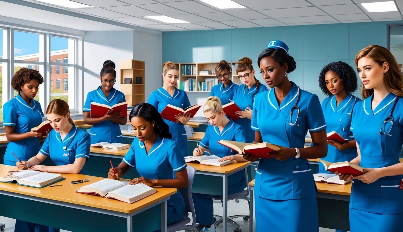 A group of students in nursing uniforms study textbooks and practice medical procedures in a modern classroom at a prestigious nursing school in Connecticut