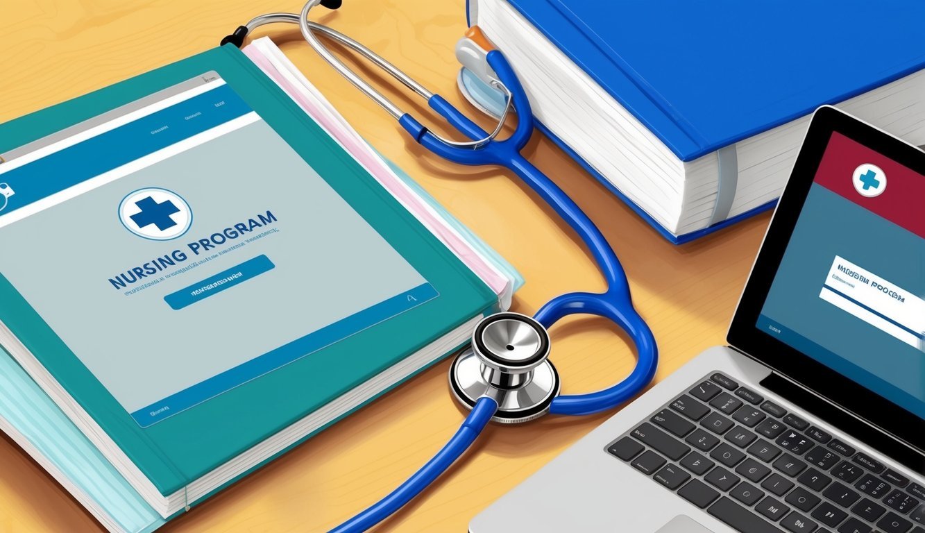 A stethoscope and medical textbooks on a desk, with a laptop displaying a nursing program website