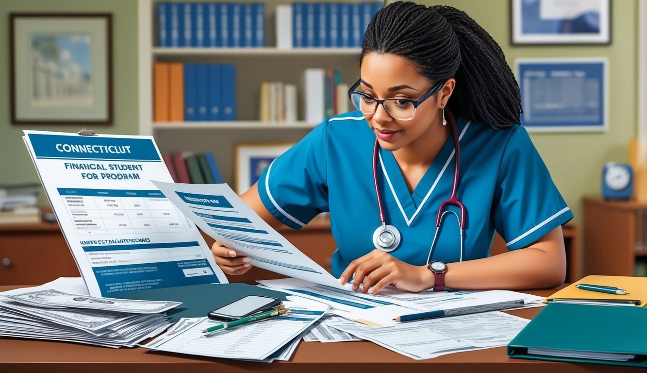 A nursing student in Connecticut carefully reviews financial documents and tuition information for their program