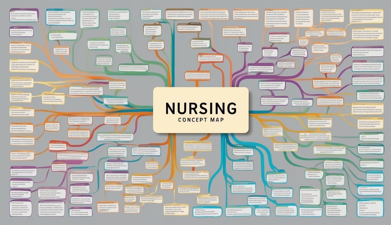 Nursing concept map with interconnected nodes and text on a gray background