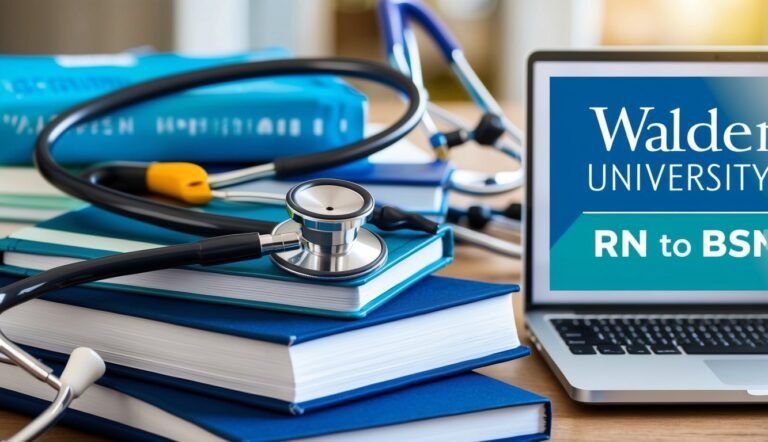 Stethoscopes on books with laptop displaying Walden University RN to BSN
