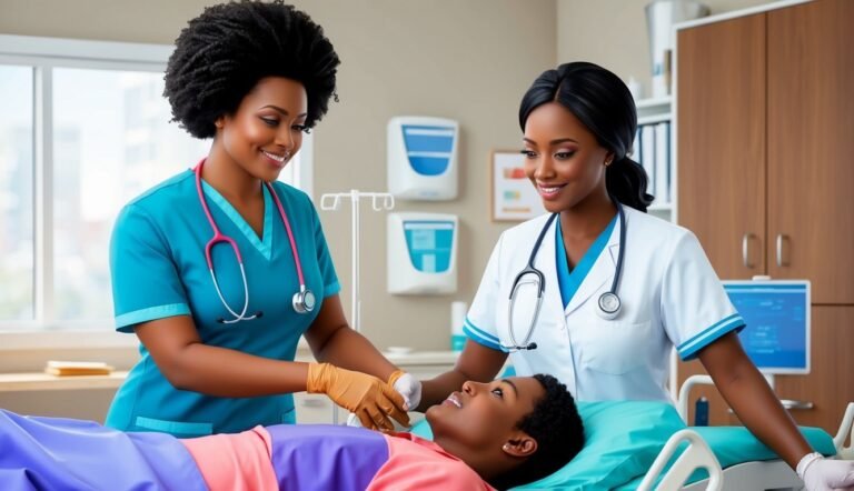Two nurses tending to a patient in a hospital bed