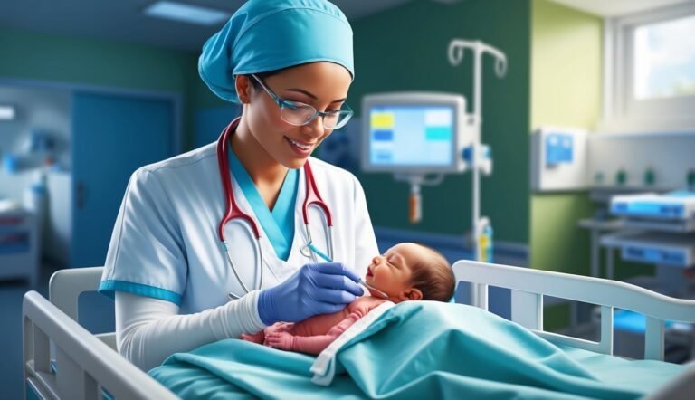 Smiling nurse examines newborn baby in hospital crib