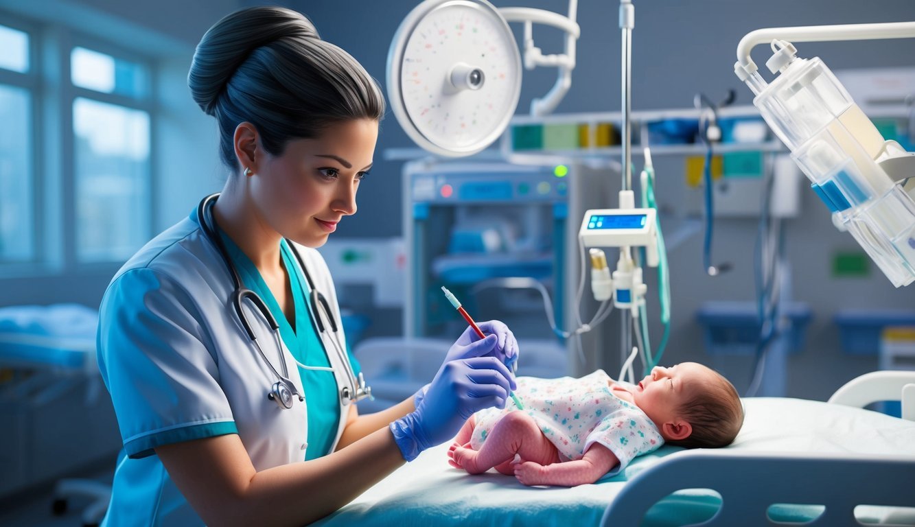 A neonatal nurse practitioner conducting a health assessment on a premature infant in the neonatal intensive care unit
