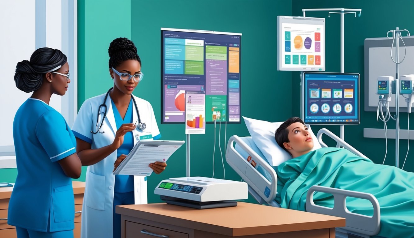 A neonatal nurse practitioner reviewing curriculum while observing clinical experience in a hospital setting