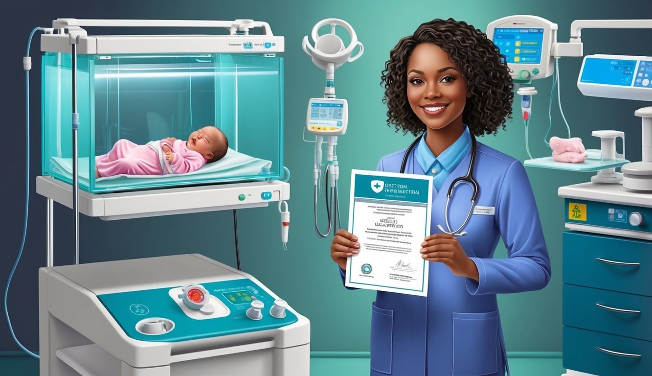 A nurse practitioner holding a certification and licensure document surrounded by medical equipment and a newborn incubator