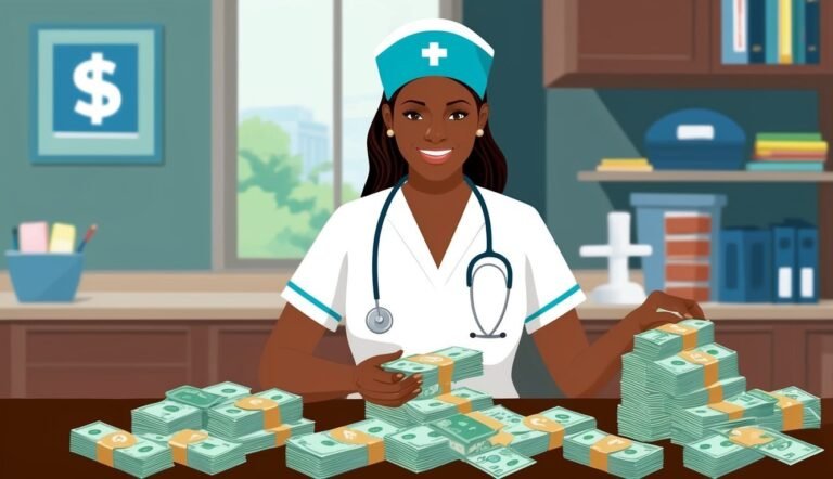 Smiling nurse surrounded by stacks of money, dollar sign on wall