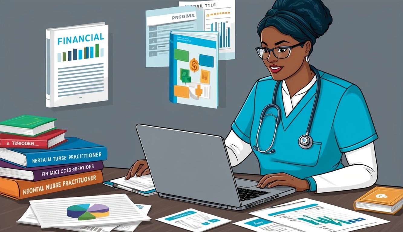 A neonatal nurse practitioner reviewing financial considerations for their program, surrounded by textbooks, a laptop, and financial documents