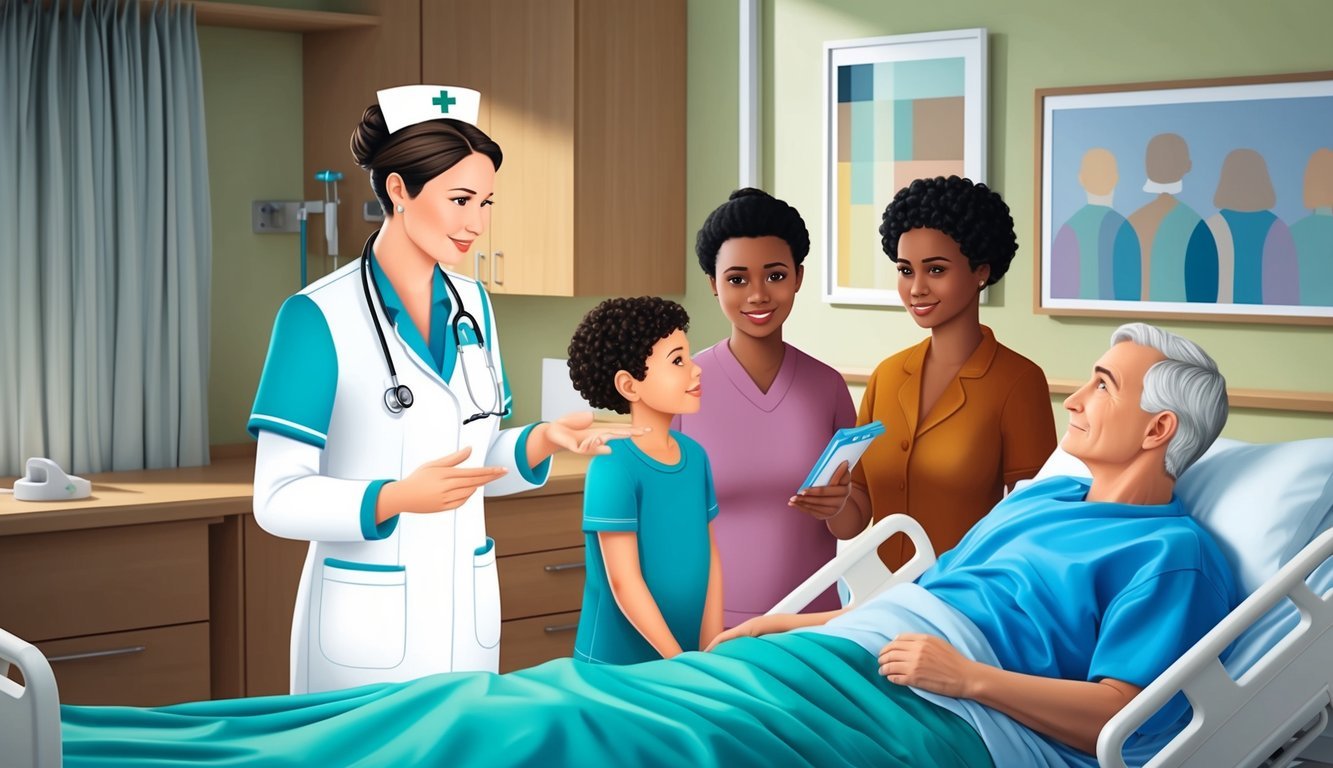 A nurse practitioner discussing treatment options with a patient's family in a hospital room