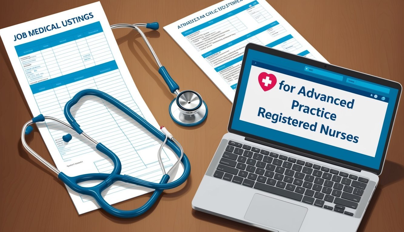 A stethoscope and medical chart on a desk, with a laptop displaying job listings for advanced practice registered nurses