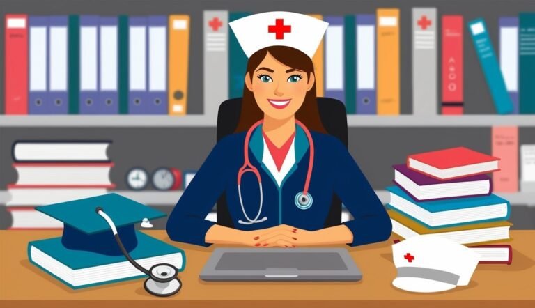 Smiling nurse in uniform sits at desk with books and laptop