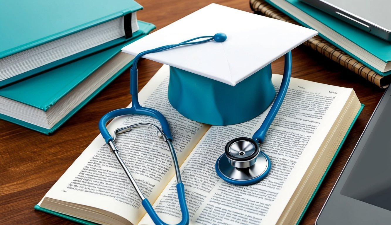 A nurse's graduation cap and stethoscope resting on an open book, surrounded by medical textbooks and a laptop