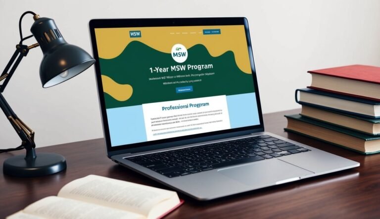 Laptop displaying MSW program website, desk with books and lamp