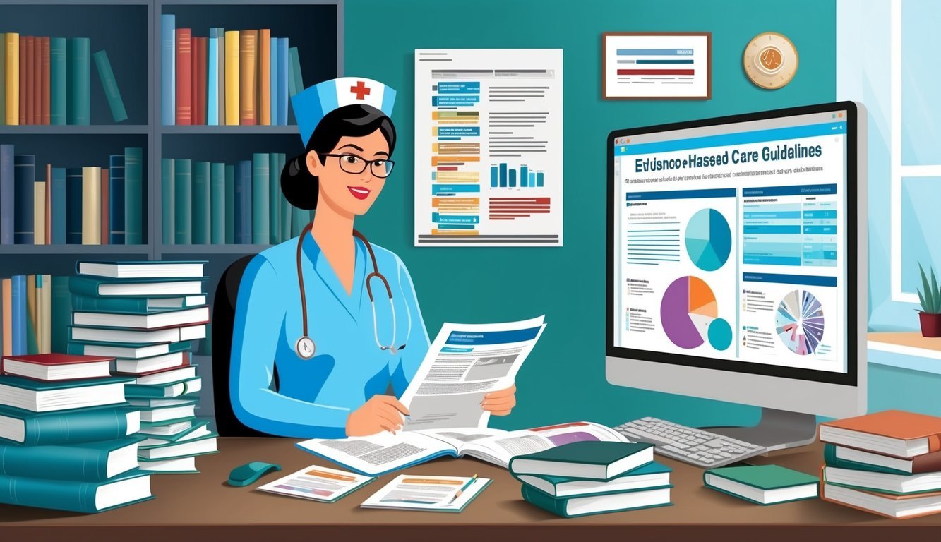 A nurse reviewing medical journals and research papers at a desk, surrounded by stacks of books and a computer displaying evidence-based care guidelines