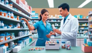 Pharmacist and assistant in a pharmacy, surrounded by medicine bottles