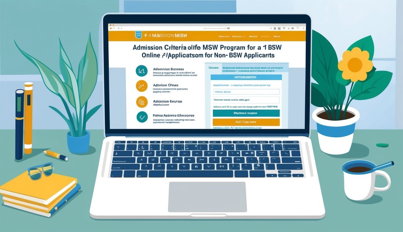 A laptop with an open web browser displaying the admission criteria and application process for a 1-year online MSW program for non-BSW applicants
